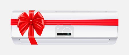 Téléchargez les illustrations : Air conditioner with red ribbon and bow. 3D rendering. Gift concept. Realistic vector illustration isolated on white background - en licence libre de droit
