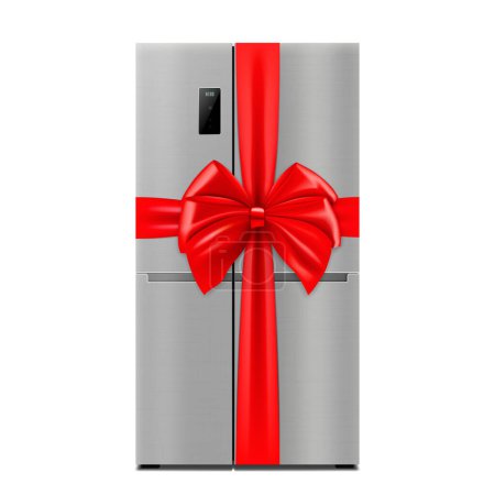 Stainless Steel Double Door Refrigerator with red ribbon and bow. 3D rendering. Gift concept. Realistic vector illustration isolated on white background