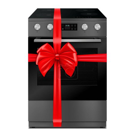 Ilustración de Gas stove with red ribbon and bow. 3D rendering. Gift concept. Realistic vector illustration isolated on white background - Imagen libre de derechos