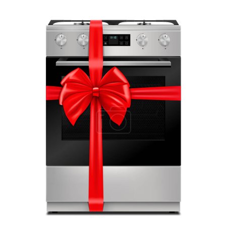 Ilustración de Gas stove with red ribbon and bow. 3D rendering. Gift concept. Realistic vector illustration isolated on white background - Imagen libre de derechos