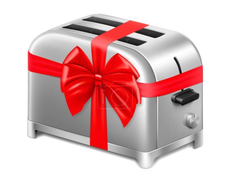 Illustration for Toaster with red ribbon and bow. 3D rendering. Gift concept. Realistic vector illustration isolated on white background - Royalty Free Image