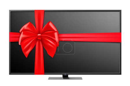 Ilustración de Plasma tv with red ribbon and bow. 3D rendering. Gift concept. Realistic vector illustration isolated on white background - Imagen libre de derechos