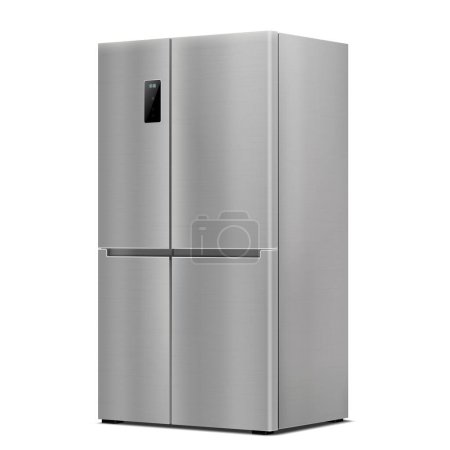 Téléchargez les illustrations : Stainless Steel Double Door Refrigerator. Side View . Realistic 3d rendering. American Style Fridge. Isolated vector illustration on White background. Modern Kitchen and Domestic Major Appliances - en licence libre de droit