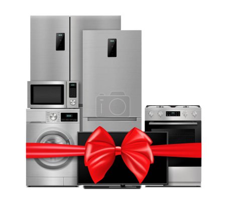 Téléchargez les illustrations : Group of household appliances with red gift ribbon and bow. Refrigerator, microwave, TV, washing machine, gas stove isolated on white background. 3d Rendering. Realistic vector illustration - en licence libre de droit