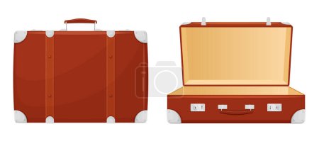 Illustration for Open and closed Retro Leather Suitcase With Metal Corners, Belts and Handle, Isolated on White Background. Vacation and Travel Concept. Vintage bag. Front view. Vector flat design - Royalty Free Image