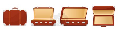 Illustration for Open and closed Retro Leather Suitcase in different angles. Bag With Metal Corners, Belts and Handle, Isolated on White Background. Vacation and Travel Concept. Vintage briefcase. Front view. Vector flat design - Royalty Free Image