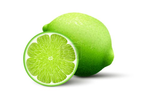 Illustration for A whole lime and half a lime. Green lemon, realistic 3d vector illustration, isolated on white background - Royalty Free Image