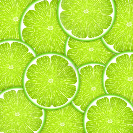 Illustration for Background of fresh green lime slices. Seamless pattern for your design. Realistic 3d vector illustration. Close-up. - Royalty Free Image