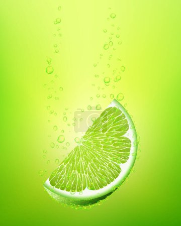 Illustration for Falling slice lime fruit into water. 3d realistic vector illustration. Packaging design elements. Juicy advertising cut citrus. Cocktail juice. Water bubbles and fresh lime slice background - Royalty Free Image