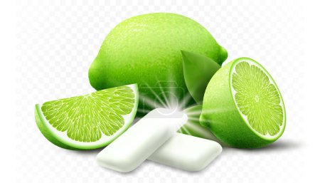 Téléchargez les illustrations : Lime chewing gum. Bubble gum with lime citrus flavor. Chewing pads with fresh ripe lime, oral health product, realistic advertising poster. Isolated 3d vector illustration - en licence libre de droit