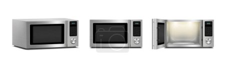 Ilustración de Set of microwave ovens with light inside, with open and close door, front view, Side View isolated on white background. Household appliance to heat and defrost food, for cooking, with timer and buttons. Vector 3d realistic - Imagen libre de derechos