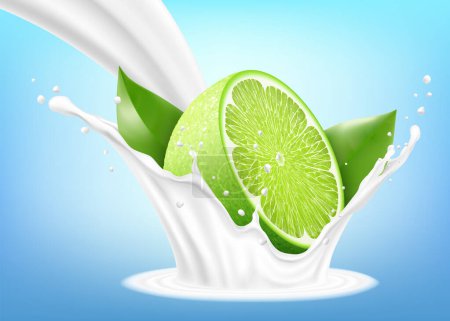Ilustración de Fresh Lime With Milk Splash on Blue Background. Lime falls into milk, yoghurt, sour cream Splash. Realistic 3d vector illustration. - Imagen libre de derechos