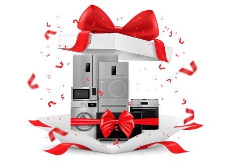 Illustration for Gift concept, home appliances inside gift box. Refrigerator, microwave, TV, washing machine, gas stove, isolated on white background. 3D rendering. Realistic vector illustration - Royalty Free Image
