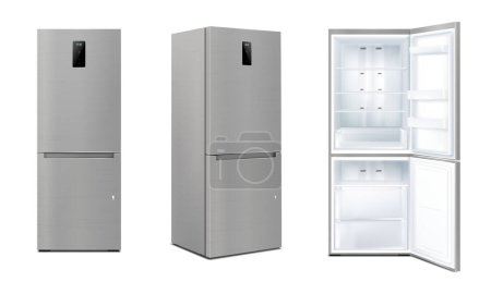 Illustration for Set of Realistic kitchen refrigerators with open and closed door, isolated fridge machine, freezer. Vector kitchen 3d appliance with digital display, isometric view and front view - Royalty Free Image