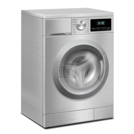 Téléchargez les illustrations : Washing machine isolated on white background. Modern, realistic 3d vector illustration of home appliances. Perspective view, close-up. Side view - en licence libre de droit