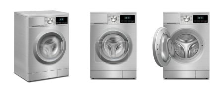 Téléchargez les illustrations : Set of Washing machines isolated on white background. Front view and Perspective view, close-up. 3d realistic vector washer. - en licence libre de droit