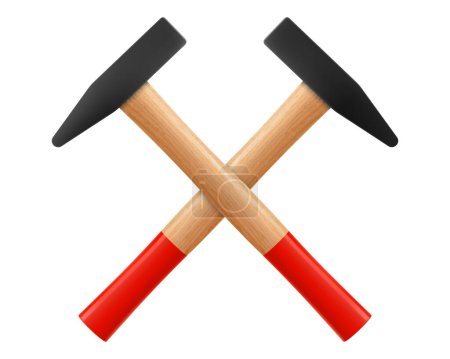 Illustration for Two Crossed Hammers icon, isolated on white background. Working tool of carpenter, builder. Tools with wooden handles and steel base, for hammering nails. Realistic 3d vector illustration - Royalty Free Image