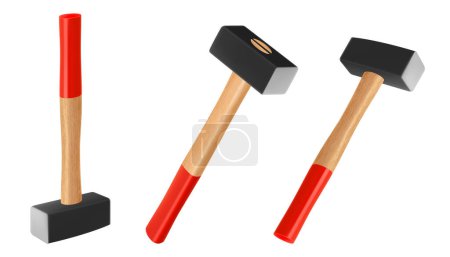Illustration for Sledge hammers in different angles, isolated on white background, Sledgehammer used for heavy blacksmith work, dismantling and assembly of structures. Realistic 3D vector illustration - Royalty Free Image