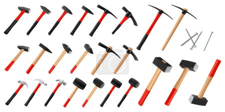 Set of hammers and pickaxe, sledge hammers, rubber mallets, steel nails, isolated on white. Working tool of carpenter, builder. Tools for hammering nails and breaking objects Realistic 3d vector