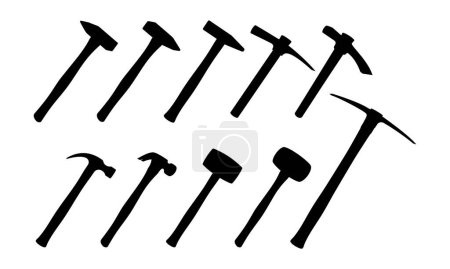 Set of instruments: sledge hammer, hammer, wooden mallet. Working tool of carpenter, builder. Tools with wooden handles and steel base, for hammering nails and breaking objects. Vector illustration.