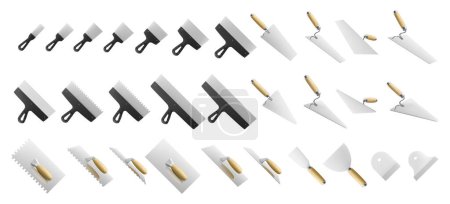 Set of Stainless Steel Putty Knife and trowels isolated on a white background. Plaster spatula, cement trowel, notched tiling trowels Construction, Building tool. Spackling instrument. Spatula for finishing work. Realistic 3d Vector illustration.