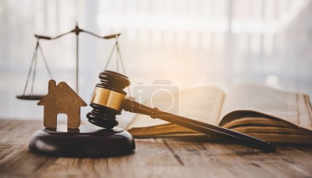 Photo for Model of house and gavel.House auction real estate law concept. - Royalty Free Image