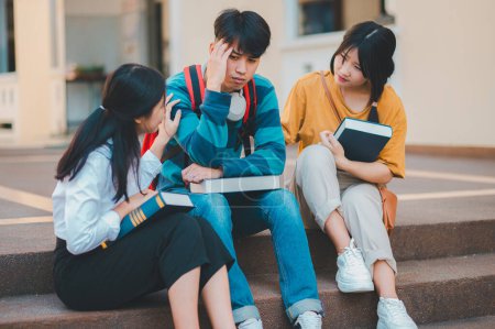 Fellow students are consoling friends who are disappointed in grades, frustrated with tasks that are not meeting their goals, helping each other.