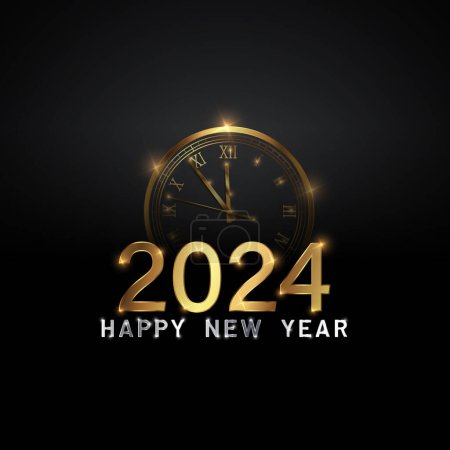 Feliz nuevo 2024 año Elegante texto de oro con fuegos artificiales, reloj y luz. Plantilla de texto minimalista.