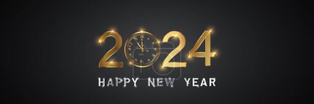Illustration for Happy new 2024 year Elegant gold text with fireworks, clock and light. Minimalistic text template. - Royalty Free Image