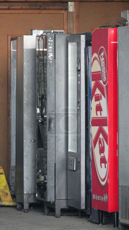 Photo for Barry, Vale of Glam, Wales 02 Feb 2024:  Industrial units on Barry dock storing vending machines and refrigerated display units for commercial use, some advertising specific brands such as kit kat. - Royalty Free Image