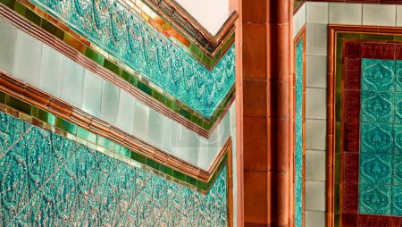 Photo for Cardiff Bay, Cardiff, Wales Sept 25 2023: Architectural detail of the inside of the pierhead building at Cardiff Bay with its mosaics, marble and ornate staircase. - Royalty Free Image