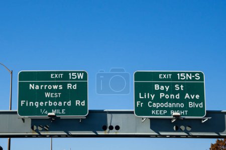 Photo for Exits 15W and 15N-S on I278 Westbound are accessible only from the lower level of the Verrazzano-Narrows Bridge in Staten Island, New York - Royalty Free Image