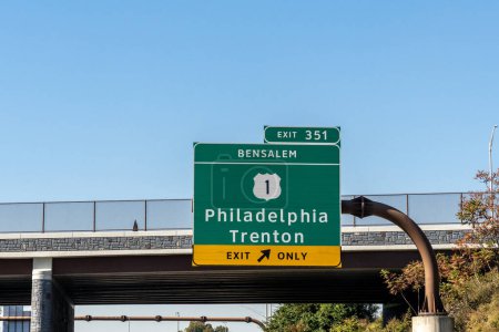 Photo for Exit 351 sign at Bensalem on the Pennsylvania Turnpike for Route 1 toward Philadelphia and Trenton, New Jersey - Royalty Free Image