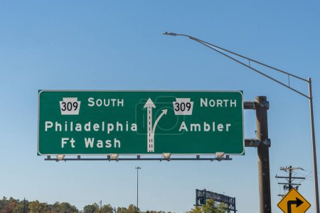 Photo for Exiting the Pennsylvania Turnpike at Route 309. Sign for South 309 toward Philadelphia and Fort Washington and North 309 toward Ambler. - Royalty Free Image