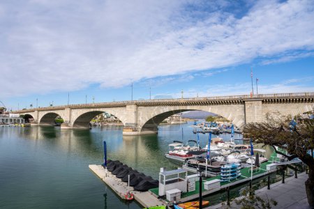 Photo for Lake Havasu City, Arizona - March 9, 2023: London Bridge, built over the Thames in London, England in the 1830s, was purchased, dismantled and reassembled in 1968 by Robert P. McCulloch. - Royalty Free Image
