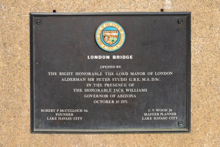 Photo for Lake Havasu City, AZ - March 10, 2023: Plaque on London Bridge commemorates the opening in Arizona in 1971. - Royalty Free Image