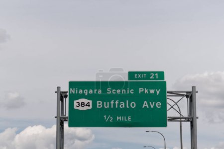 Photo for Sign for Exit 21 from I190 for Niagara Scenic Parkway 384 Buffalo Ave in Niagara Falls, New York - Royalty Free Image