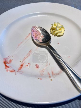 Photo for Selective focus on a dirty white plate and spoon with food debris and a squirt of whipped cream after a delicious dessert - Royalty Free Image