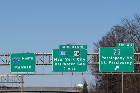 Photo for Highway exit signs for Interstate 287 North toward Mahwah, New Jersey, Interstate 80 and US-46 toward New York City and Delaware Water Gap, and County 511 Parsippany Rd and Lake Parsippany - Royalty Free Image