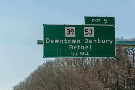 sign for exit 5 from I-84, Yankee Expressway, in Danbury, Connecticut for CT-39 and CT-53 toward Downtown Danbury and Bethel