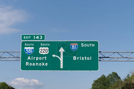 Sign on Interstate 81 South towards Bristol, Virginia/Tennessee for exit 143 for I-581 South and US-220 South toward Roanoke and the Roanoke-Blacksburg Regional Airport