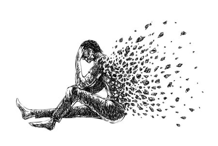 Hombre deprimido sentado en el suelo, dibujo en blanco y negro ilustración de una persona masculina desvaneciéndose, tristeza concepto de emoción