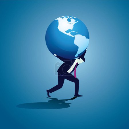 Illustration for Man struggle to hold and carrying earth globe on his back, business metaphor concept of hard work and determination, vector illustration - Royalty Free Image