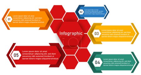 Infographic template for business information presentation. Vector hexagon and geometric elements. Modern workflow diagrams. Report plan 5 topics
