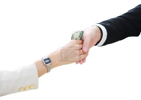 Photo for Successful businessman and businesswoman shake hands and receive money to bribe after meeting for job in office. Corruption Concept - Royalty Free Image