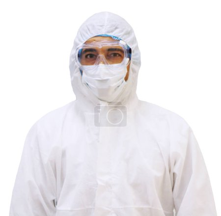 Kaukasischer wissenschaftlicher Experimentator mit Maske und blauen Gummihandschuhen im Labor. Wissenschaft und covid19-Virus isoliert auf weißem Hintergrund