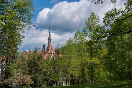 Svalyava Transcarpathia Ukraine May 5, 2023 Shenborn Castle among summer trees.