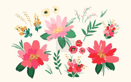 Téléchargez les illustrations : Set of floral design elements. Leaves, flowers, grass, branches Vector illustration - en licence libre de droit