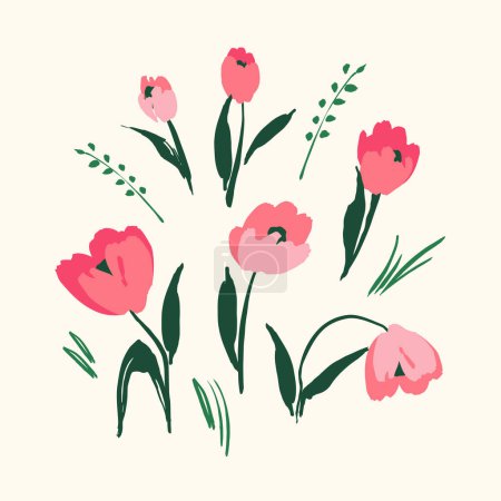 Illustration for Set of floral design elements. Tulpis, grass, branches Vector illustration - Royalty Free Image