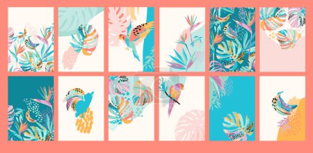 Ilustración de Collection of art backgrounds with abstract tropical nature. Modern design for social networks, posters, covers, cards, interior decor and other use. - Imagen libre de derechos